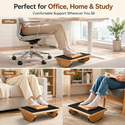 Foldable Under Desk Foot Rest, Wooden Rocking Footrest with 4 Massage Rollers, Natural Rubber Wood Ergonomic Foot Stool with Silicone Anti-Slip Surface, Office Home Study Footrest for Post