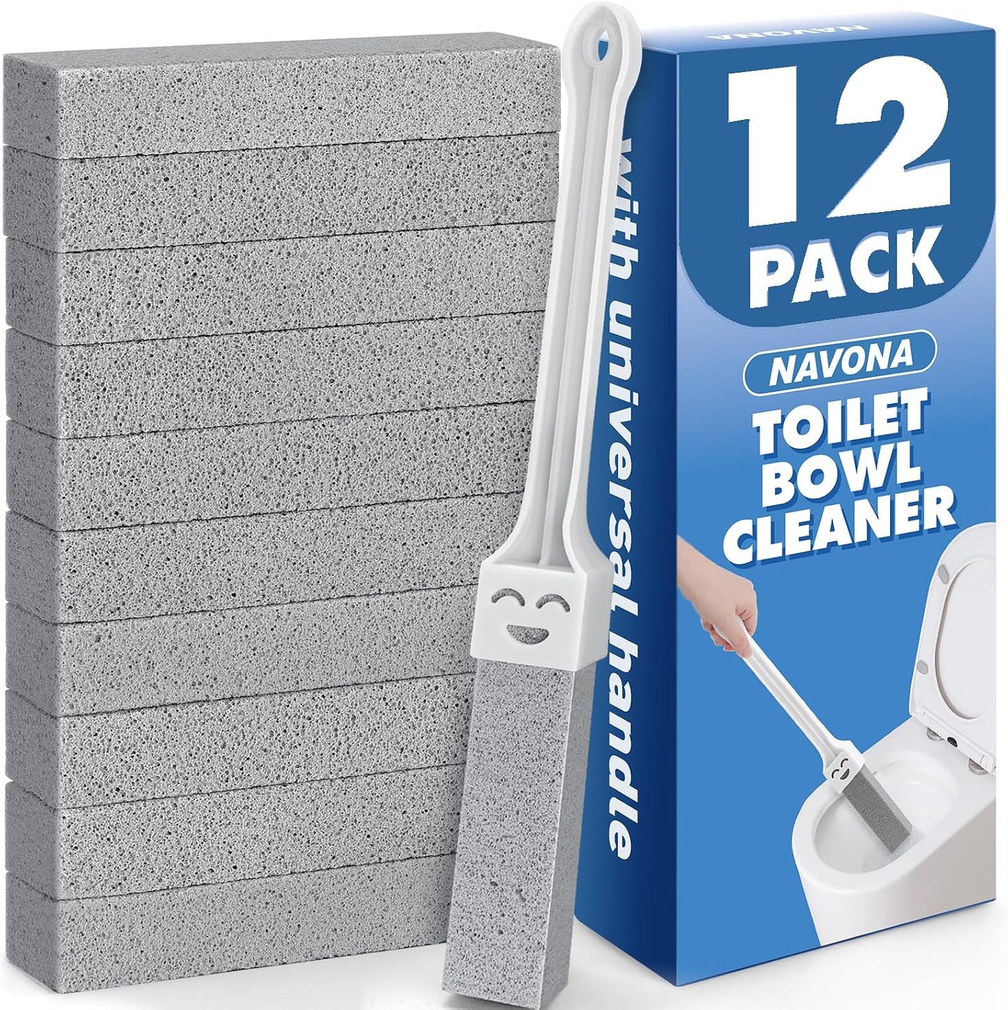 Navona 12 Pack Toilet Cleaning Pumice Stones with Extra Long Handle | Replaceable Stones Remove Limescale, Rust & Hard Water Rings for Toilets, Sinks, Grills & Pools