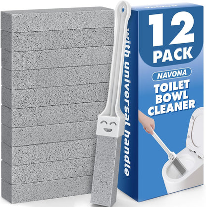 Navona 12 Pack Toilet Cleaning Pumice Stones with Extra Long Handle | Replaceable Stones Remove Limescale, Rust & Hard Water Rings for Toilets, Sinks, Grills & Pools