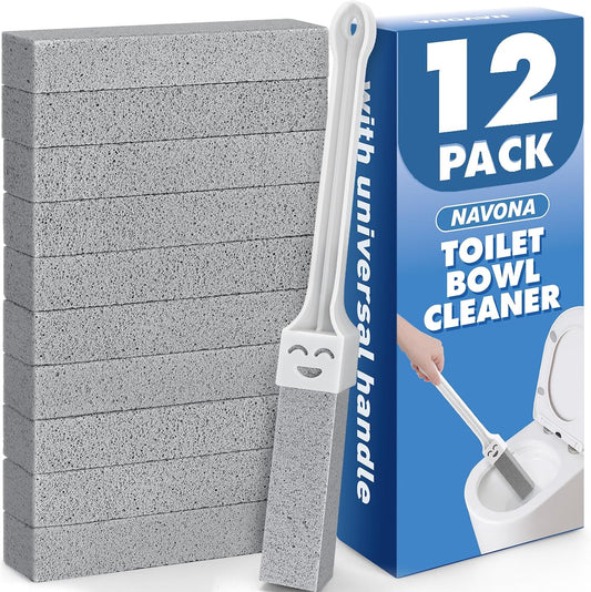 Navona 12 Pack Toilet Cleaning Pumice Stones with Extra Long Handle | Replaceable Stones Remove Limescale, Rust & Hard Water Rings for Toilets, Sinks, Grills & Pools