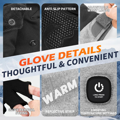 Heated Gloves for Men Women, Rechargeable Detachable Full & Half Hands Heated Glove Fingerless Electric Heating Gloves Hand Warmer for Work, Hunting, Skiing, Outdoor Work