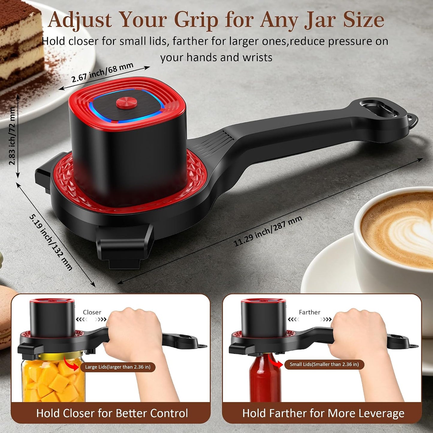 Electric Jar Opener for Seniors with Auto-Adjusting Gripper,Fit 1"-3.5" Cap | Rechargeable Jar & Bottle Openers for Weak Hands and Arthritis, Easy Twist Off Lid Opener with Rubber Gripper Pad，Red
