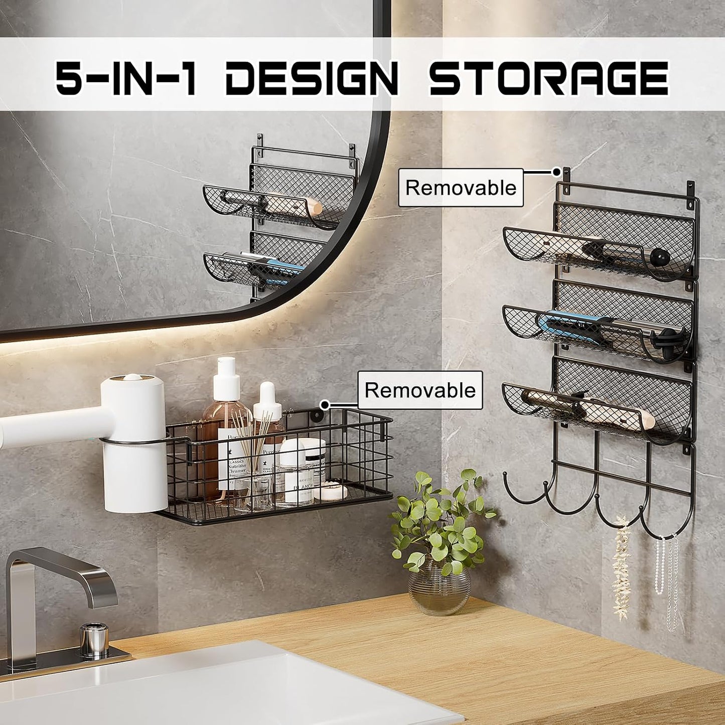 Wall-Mounted Hair Dryer Holder Styling Tool Organizer 4-Shelf Storage Wire Basket with Hook Heat Safe Rack for Hair-Straighteners,Curling Wands,Flat Iron,Cabinet Door Bathroom Kitchen White