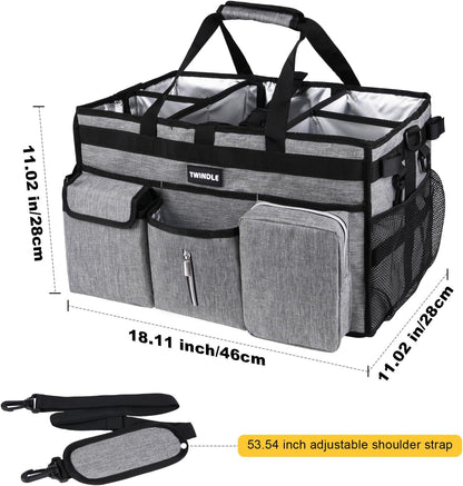 Extra Large Cleaning Caddy Bag with Built-In Support Board, Cleaning Tote Organizer with Removable Divider, Supply Carryall with Adjustable Shoulder Strap and Waist Belt for Cleaners & Housekeeper