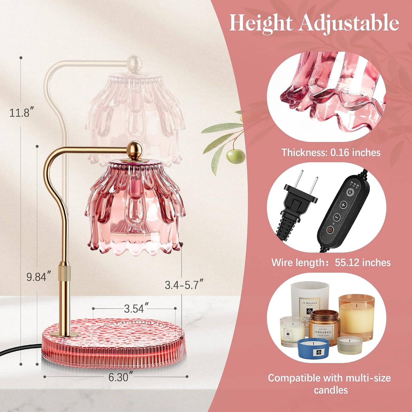 Candle Warmer Lamp with Timer Dimmer, Modern Wax Warmer for Scented Wax Jar Candle Warmer with 2 Bulbs, Adjustable Height Glass Lamp for Gifts for Women, Home Decor, Gold Amber