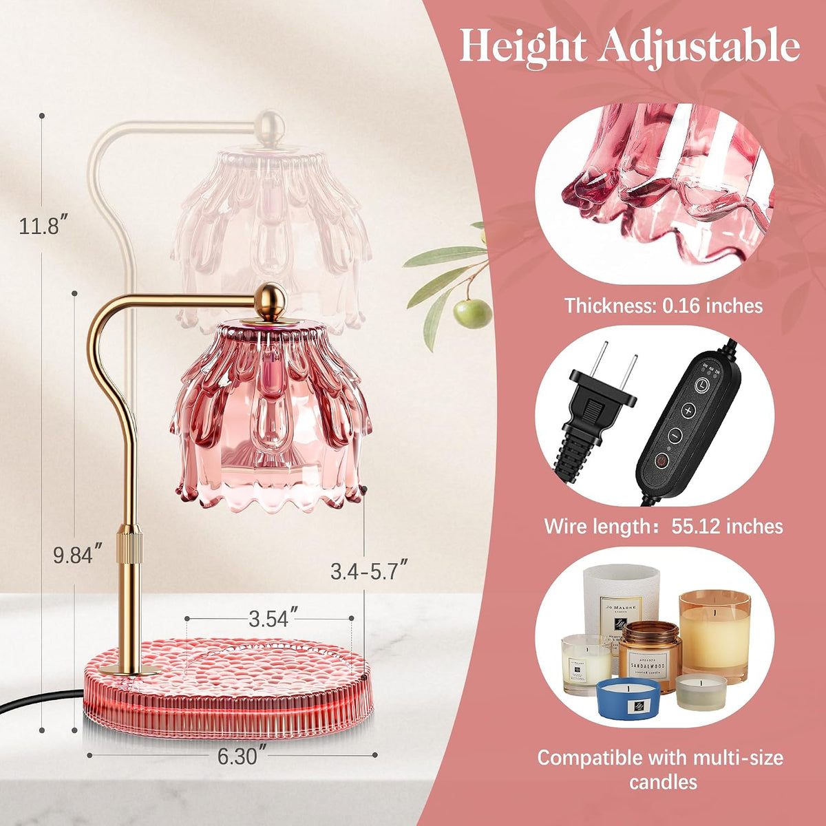 Candle Warmer Lamp with Timer Dimmer, Modern Wax Warmer for Scented Wax Jar Candle Warmer with 2 Bulbs, Adjustable Height Glass Lamp for Gifts for Women, Home Decor, Gold Amber