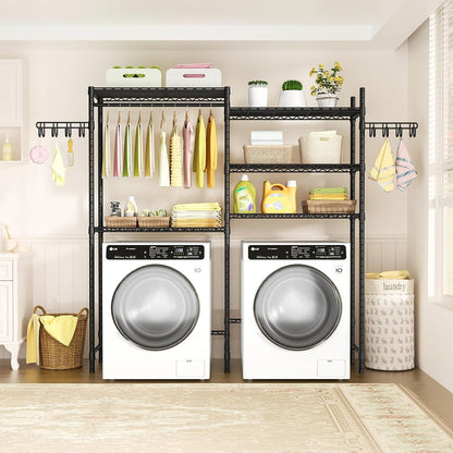 U5 Over the Washer and Dryer Storage Shelf, Laundry Room Space Saver | Bathroom Storage and Organizer Rack for Hanging Towel and Drying Clothes with 5 Wire Shelves, Black