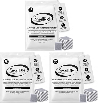 SMELLRID Activated Charcoal Odor Absorber Pads (4"x4") - Pack of 12 | 12 Unscented Adhesive (4"x4") Charcoal Pads for Body Odor, Flatulence & Personal Care Environments