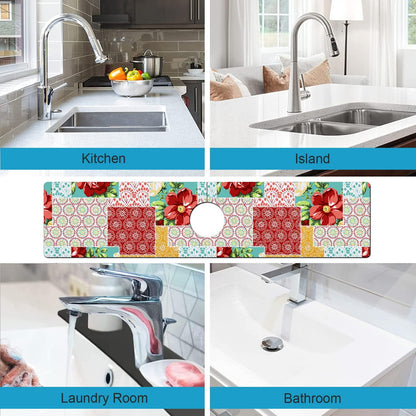 Kitchen Sink Splash Guard Faucet Mat Super Absorbent Fast Drying Mat Sink Gadgets Splash Guard Behind Faucet Drip Catcher for Kitchen (Pink Red Roses Floral, 23.5x5.5in)