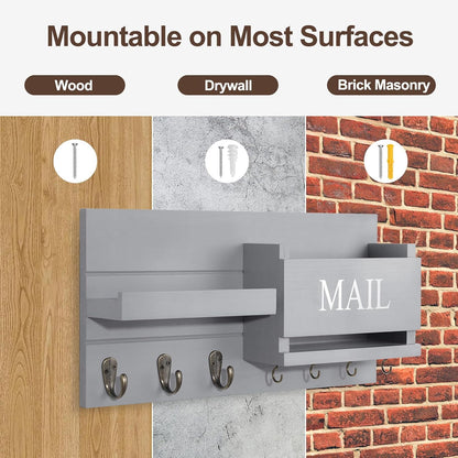 Lwenki Mail Organizer for Wall Mount – Key Holder with Shelf Includes Letter Holder and Hooks for Hallway Farmhouse Decor – Rustic Wood with Flush Mounting Hardware (16.5” x 9.1” x 3.4”) (White)