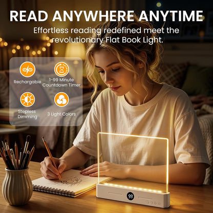 Book Light, Rechargeable LED Book Light for Reading in Bed, Clear Flat Panel Full Page Light, 3 Color Temperatures &Timer, Eye-Caring Night Reading Lamp, Book Gifts for Readers Women Kids