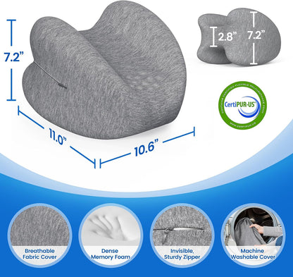 Knee Pillow for Side Sleepers, Memory Foam Leg Pillow, Grey | Heart-shaped design, high-density memory foam, raised edges, machine-washable cover, supports knee, hip and spinal alignment