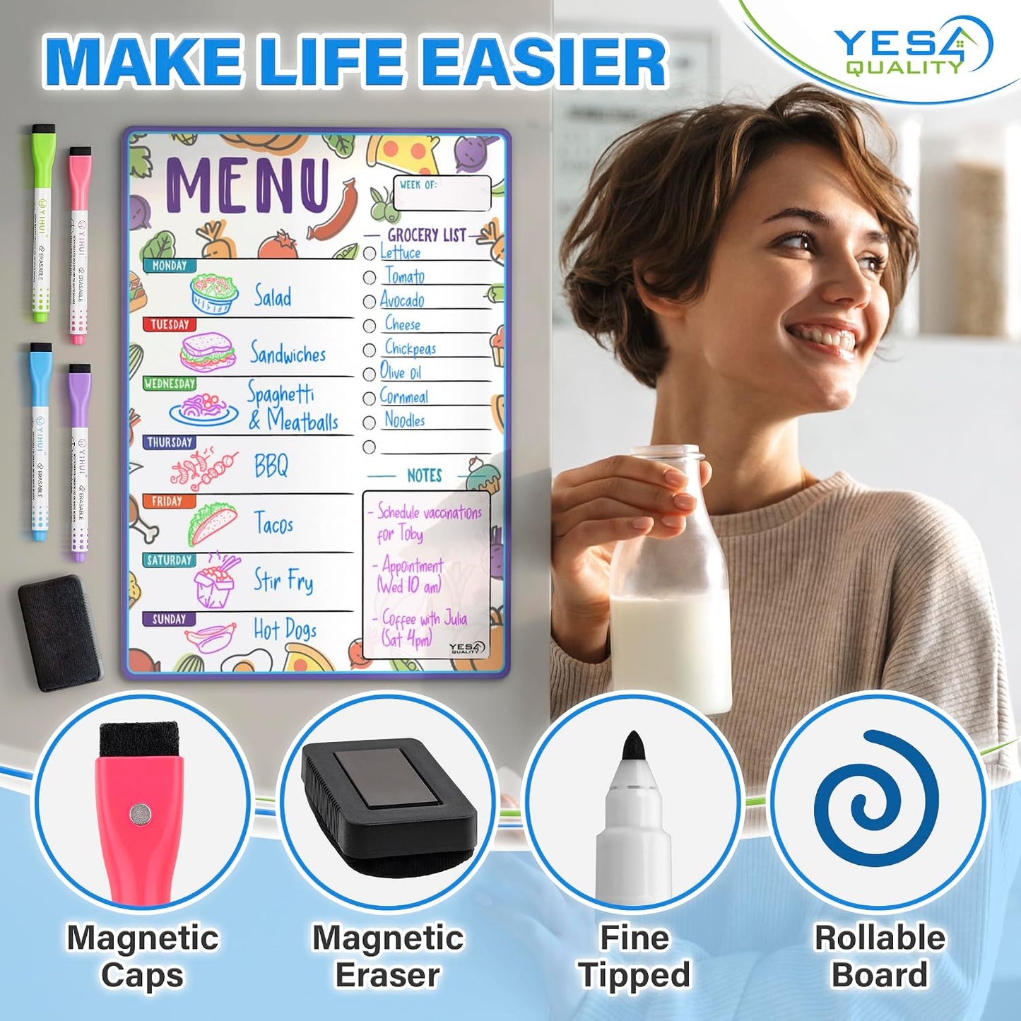 Magnetic Dry Erase Menu Board for Fridge (16x12) - Weekly Meal Planner Blackboard w/ 4 Magnetic Chalk Markers & Wiping Cloth - Chalkboard Organizer for Dinner Menus & Grocery Lists by Yes4Quality