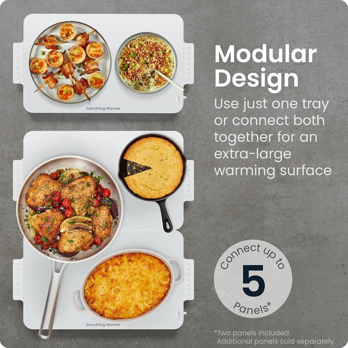 Chefman Everything Warmer Electric Warming Tray, 20” x 16” Modular Expanding Design, Graphene Full-Surface Heating, Food Warming Mat for Parties, Gatherings & Daily Use, Two Tempered Glass Panels