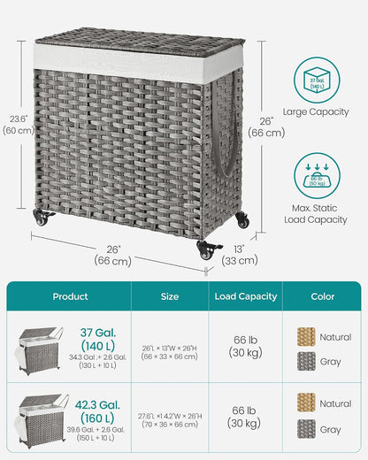 SONGMICS Laundry Hamper with Lid, 42.3 Gallons (160 L), Rolling Laundry Basket with Wheels, 3-Section Synthetic Rattan, Removable Liner, Bedroom, 29.9 x 13 x 26 Inches, Natural ULCB365N01