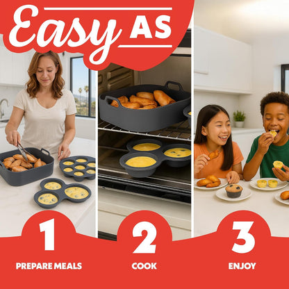 Gourmia Air Fryer Accessories Set - 3 Piece Silicone, Liner, Egg Bite Cooker, 7-Hole Cupcake Mold, BPA-Free, Nonstick, Heat Resistant 445°F, Dishwasher Safe, Food Grade
