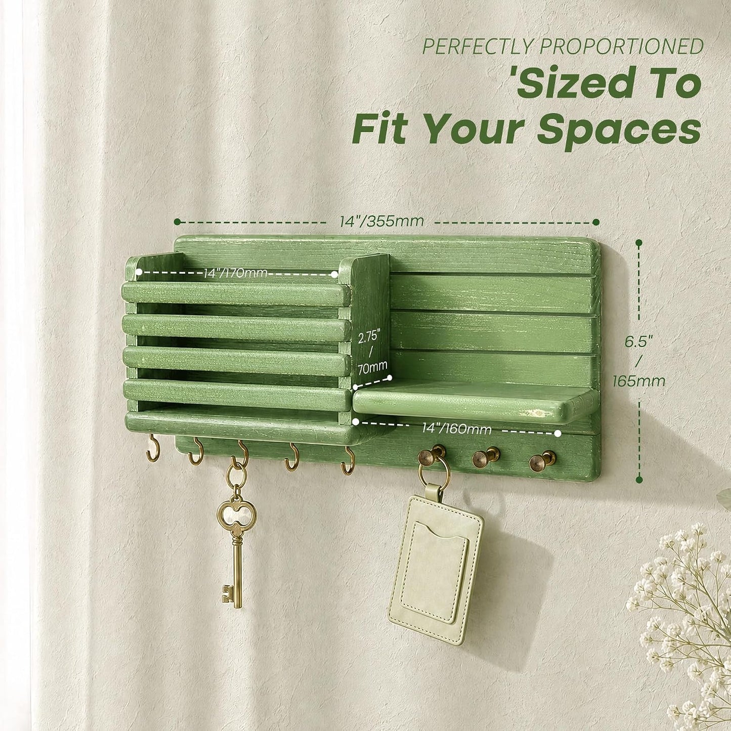 Rebee Vision Key Holder Wall Mount with Mail Slot for Entryway, Retro Brown | Pine Wood, Key Holder for Wall, 8 Hooks for Dog Leashes, Floating Shelf, Mail Sorter, New Home Essentials, Entryway Storage