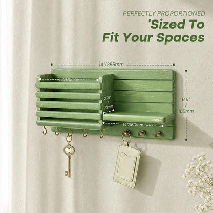 Rebee Vision Key Holder Wall Mount with Mail Slot for Entryway, Retro Brown | Pine Wood, Key Holder for Wall, 8 Hooks for Dog Leashes, Floating Shelf, Mail Sorter, New Home Essentials, Entryway Storage
