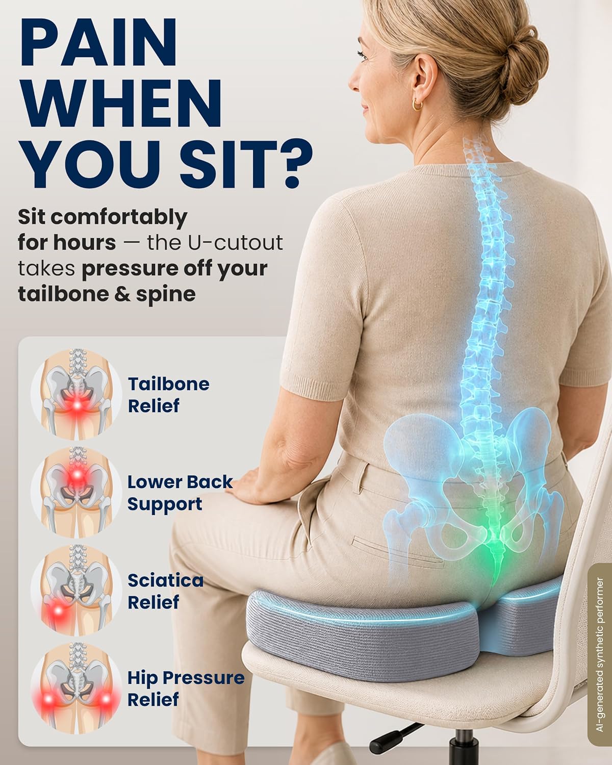 5 STARS UNITED Seat Cushion - Memory Foam Chair Cushion for Tailbone Pain Relief - Ergonomic Support for Coccyx, Sciatica & Butt - Office, Desk & Gaming Chair, Car Seat, Wheelchair, Airplane, Black