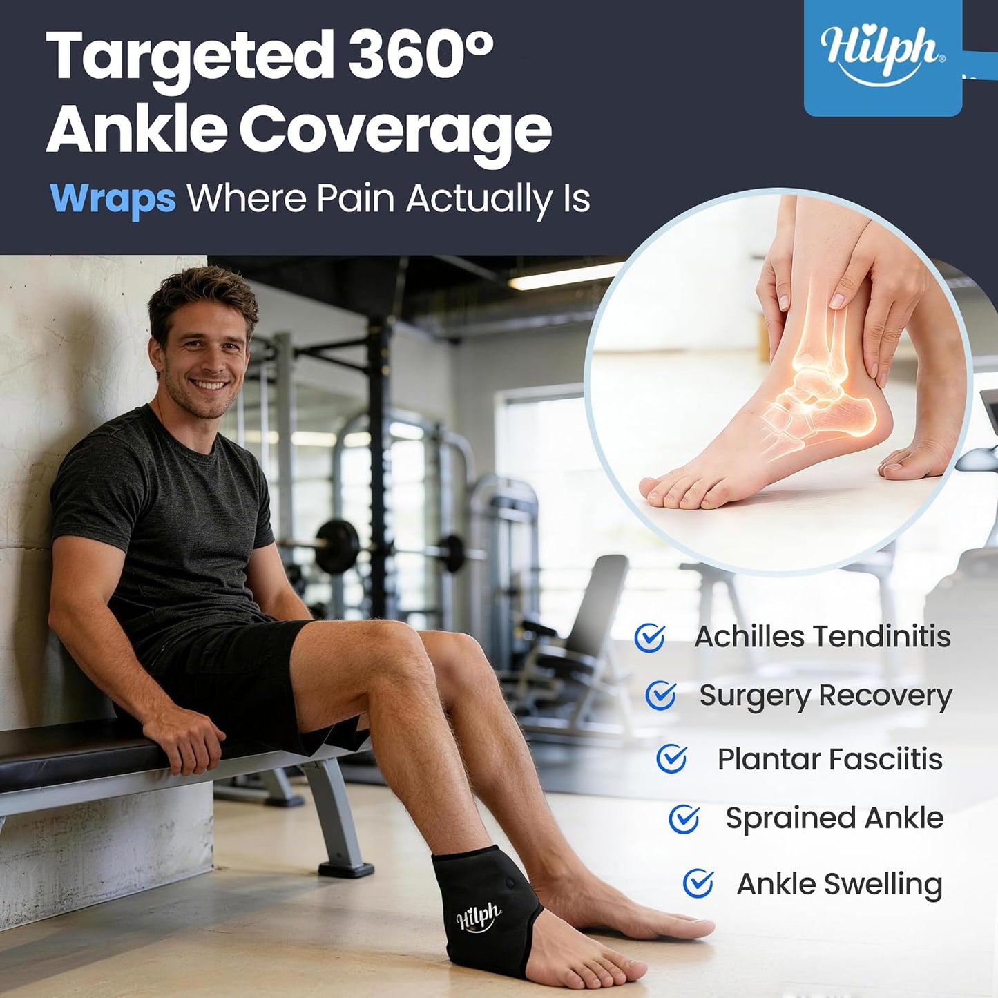 Hilph Ankle Ice Pack Wrap for Swelling, Gel Cold Pack for Ankle Sprained | Easy to Wear, Reusable Hot Cold Compress for Surgery Recovery, Plantar Fasciitis, Foot Pain Relief, Achilles Tendonitis, Blue