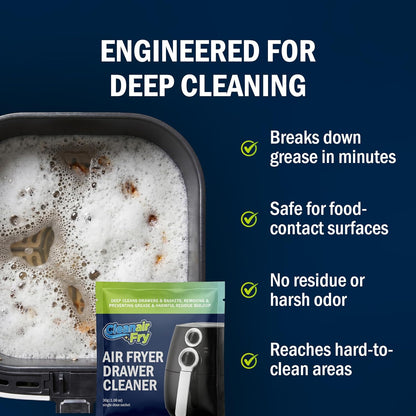 Air Fryer Cleaner and Degreaser. 6 Powder Sachets with Brush. Cuts Grease, Burnt Food and Odors. For Basket, Drawer, Grill and Crisper Plate. Nonstick Safe