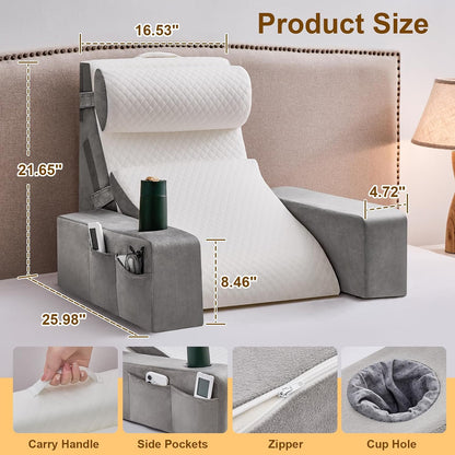 Reading Pillow for Sitting in Bed Adult, Back Pillow for Bed Sitting up with Arms, Pockets and Cup holder, Sit Up Backrest Pillows for Beds Chair Support, Rest Pillow for Gaming (Light gray)