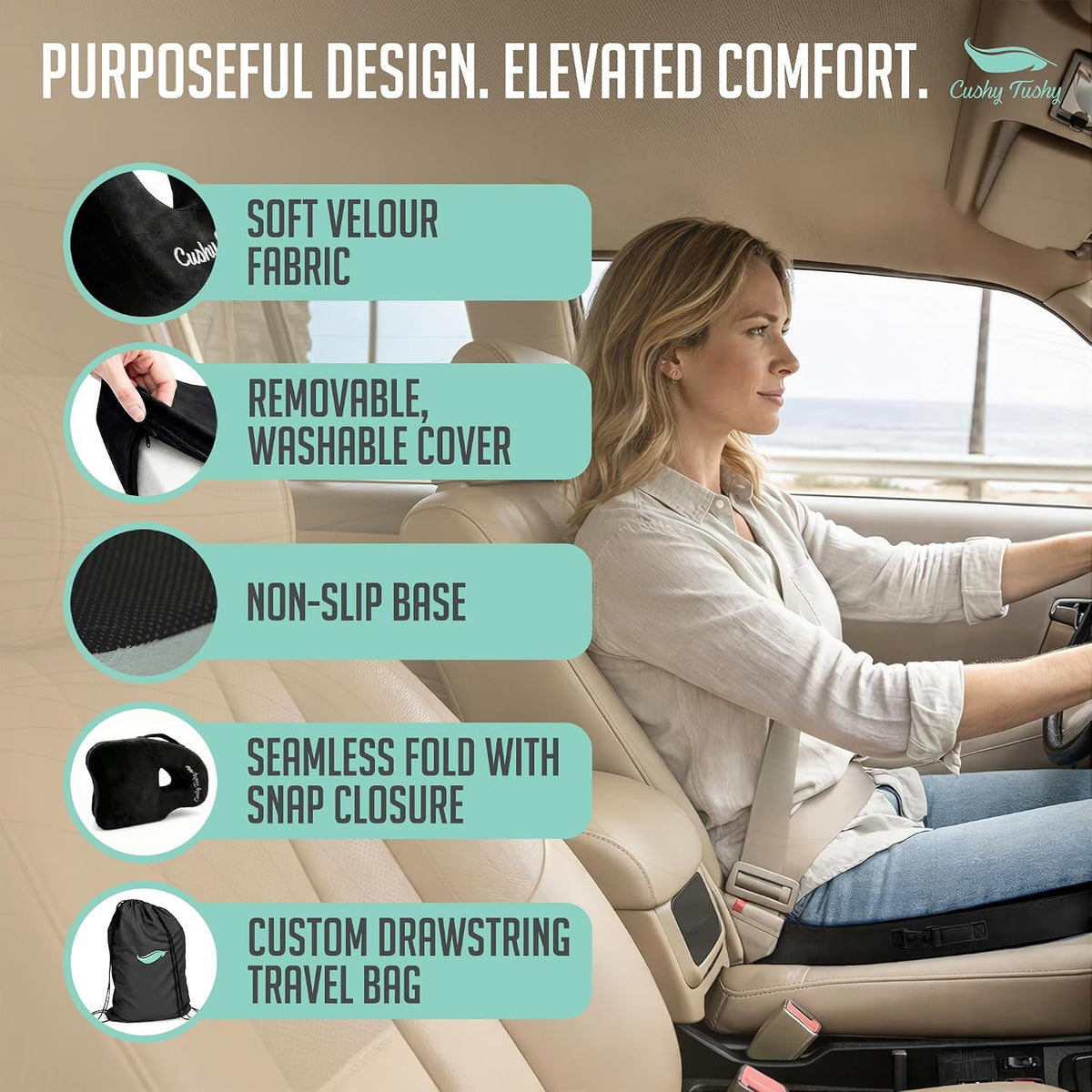 Cushy Tushy Premium Foldable Travel Seat Cushion - for Relief of Lower Back, Sciatic, Butt and Tailbone Pain - for Home & Office Use, Perfect for Travel or Driving - Coccyx Seat Cushion