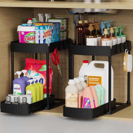 2 Packs Under Sink Pull-Out Storage Organizers, 12.8 Inches, Black | Multi-Purpose Cabinet Organizers and Storage for Bathroom & Kitchen