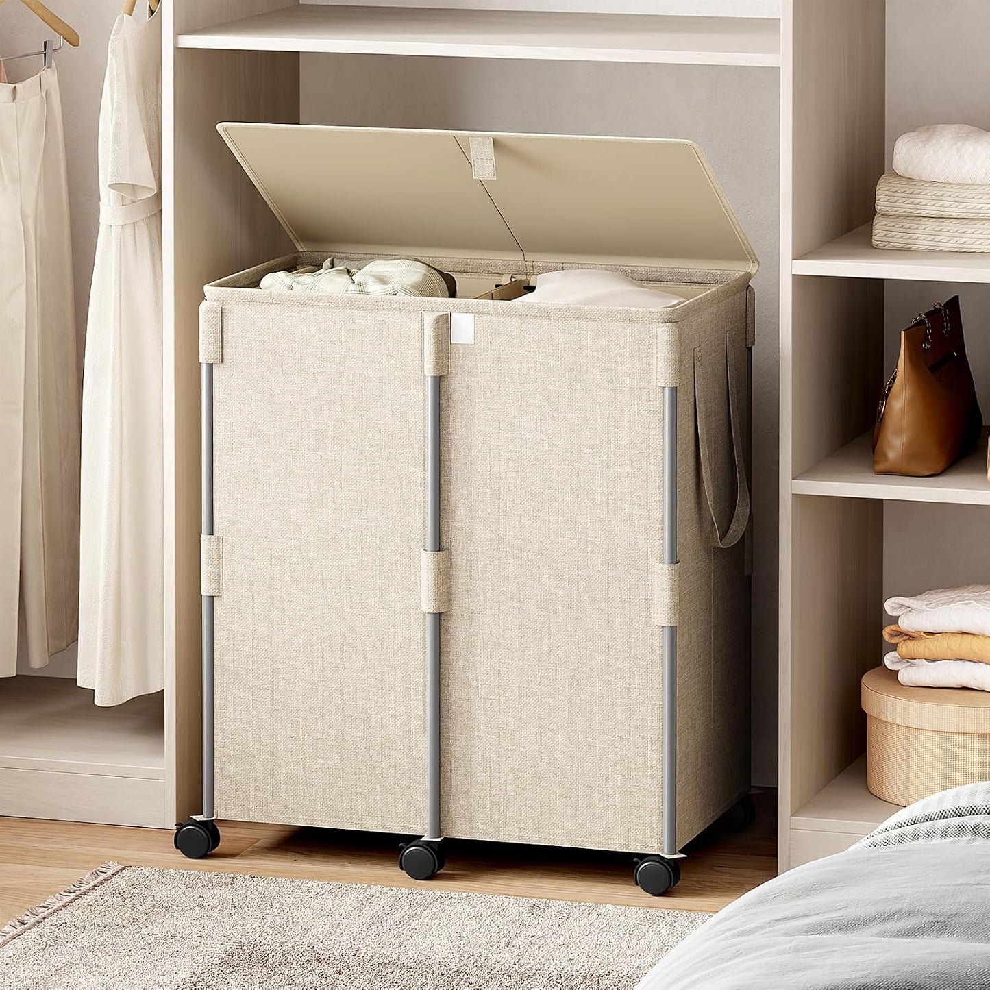 140L Double Laundry Hamper with Lid and 6 Wheels, Rolling Laundry Basket | Gasvadivum Metal Frame Laundry Sorter 2 Section with 2 Removable Bags, Large Clothes Cart for Bedroom, Bathroom, Black