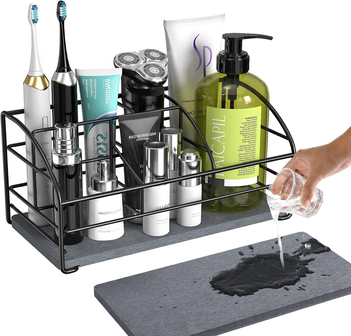 Luxspire Toothbrush Holders for Bathroom, Stainless Steel, 6 Slots, Black | Toothbrush Holders With Drainage, For Bathroom Countertop & Kitchen Sink, Bathroom Accessories