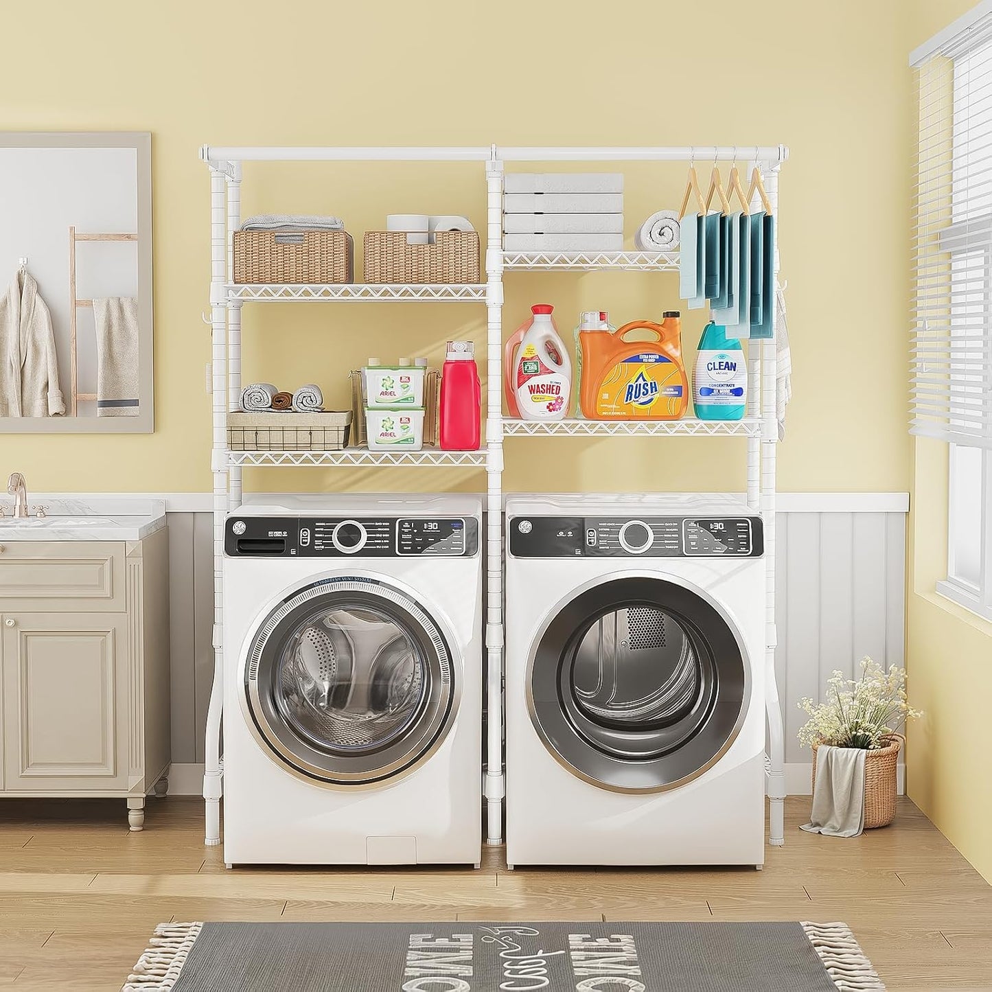 U14 Over Washer and Dryer Storage Shelves, 4 Tiers Laundry Room Storage and Organizer System, Space Saving Clothes Drying Rack with 2 Clothes Hanger Rods, 66.5" W x 20.5" D x 77.4" H, Black