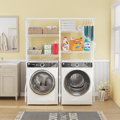 U14 Over Washer and Dryer Storage Shelves, 4 Tiers Laundry Room Storage and Organizer System, Space Saving Clothes Drying Rack with 2 Clothes Hanger Rods, 66.5" W x 20.5" D x 77.4" H, Black