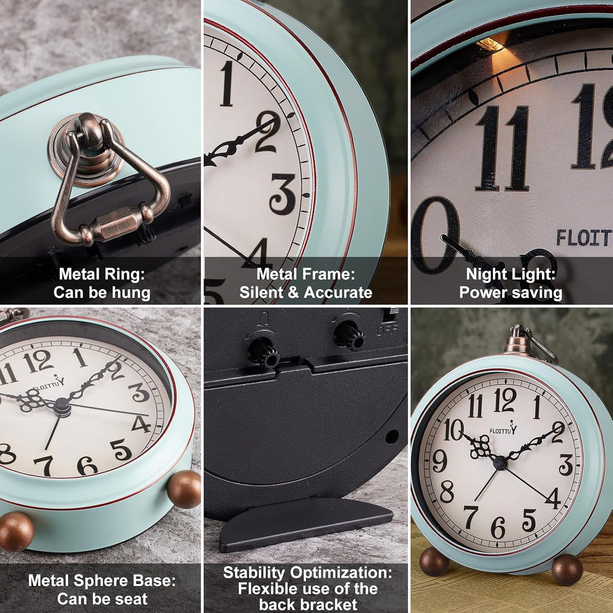 FLOITTUY 4.5" Battery Operated Antique Retro Analog Metal Alarm Clock, Silent Bedside Desk Clock, Wall-Hanging Vintage Clock(Exquisite Bronze)