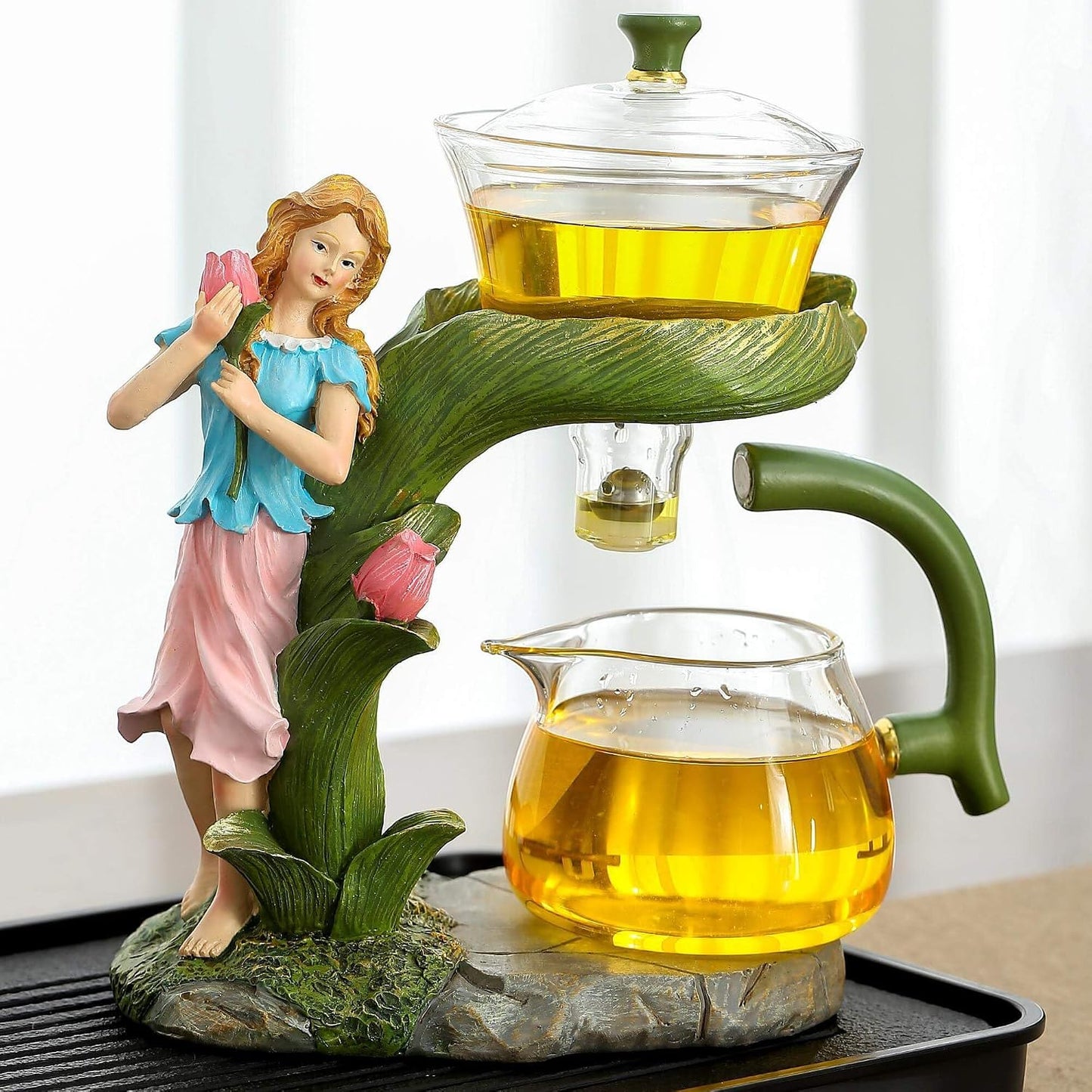 Glass Kungfu Teapot Set Tea maker with Infuser Semi Automatic Tea Set with 6 Small Cups (Red)