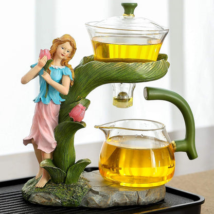 Glass Kungfu Teapot Set Tea maker with Infuser Semi Automatic Tea Set with 6 Small Cups (Red)