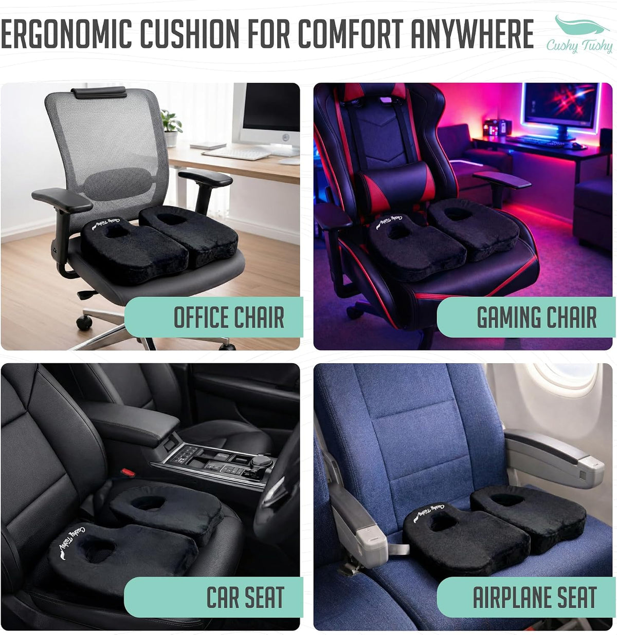Cushy Tushy Premium Foldable Travel Seat Cushion - for Relief of Lower Back, Sciatic, Butt and Tailbone Pain - for Home & Office Use, Perfect for Travel or Driving - Coccyx Seat Cushion