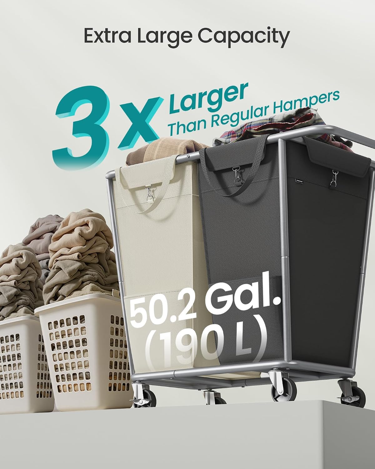 SONGMICS Laundry Basket with Wheels, 3-Section Laundry Sorter, 76.6 Gallons (290 L) Rolling Hamper with Removable Bags, Heavy-Duty Steel Frame, Cream White, Dark Gray and Ink Black URLS010X01
