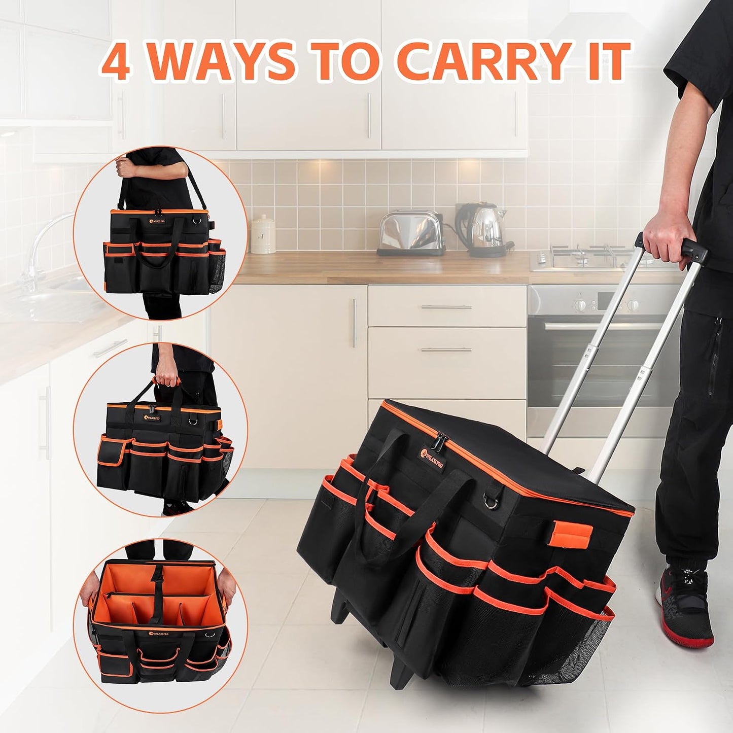 WILAXI PRO Large Rolling Cleaning Caddy with Wheels and Detachable Trolley, Extra Large Water-Resistant Cleaning Cart for Housekeepers, Cleaning Supplies Organizer with Multi-Pockets Tools Storage