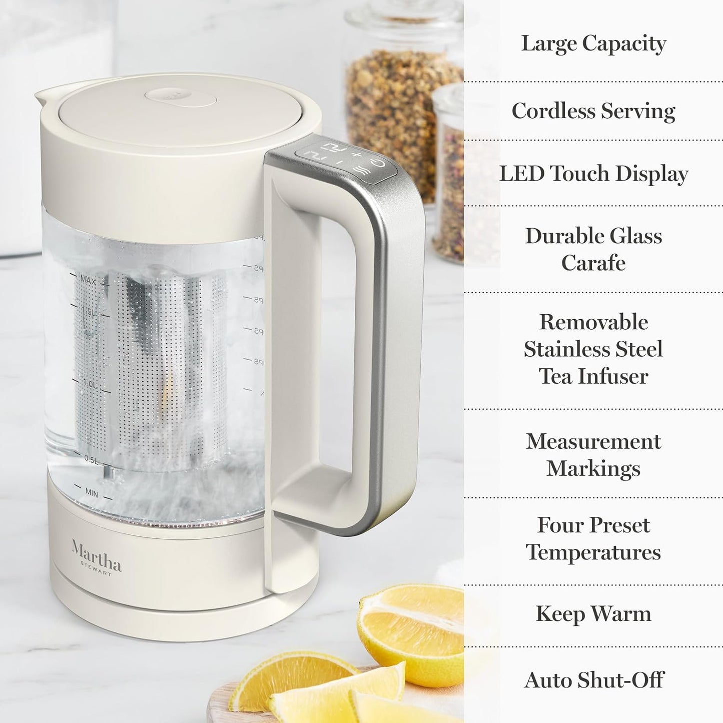 Martha Stewart 1.7L Glass Carafe Electric Kettle with Removable Tea Infuser | 7 Cups, 4 Presets, Rapid Boiling, Stainless Steel Tea Leaf Infuser, Cordless Swivel Base, Keep Warm, Auto Shut-Off, Linen