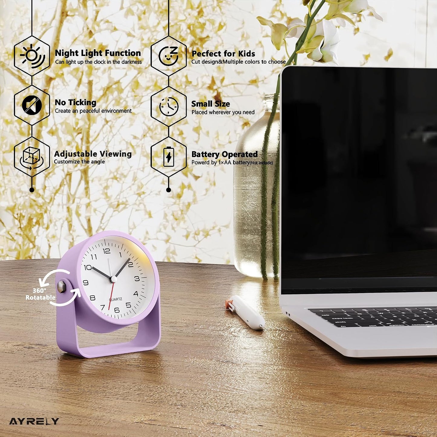 AYRELY® 3.5" Small Analog Travel Alarm Clock, Battery Operated Desk Clock | Cute Table Clock with Light, Adjustable Angle, Bedside, Bedrooms, Kids' Rooms and Living Room Decor (Orange)