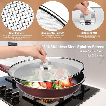 3 Pack Splatter Screen for Frying Pan 13" 11.5" 9.8" | Stainless Steel, Grease Splatter Guard, Ultra Fine Mesh Lids, with Fold Flat Knob for Prevent Oil Splatter