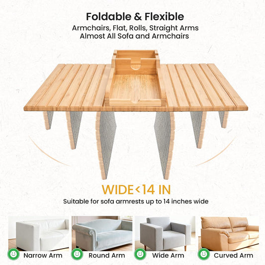 GEHE Couch Cup Holder, Anti Falling Sofa Arm Tray, Natural Bamboo Sofa Cup Holder More Safe for Your Family, Portable Couch Arm Tray Armrest Table for Remote, Snacks, Drinks