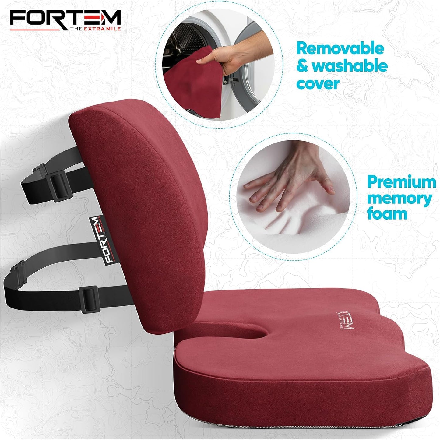 FORTEM Seat Cushion, Office Chair Cushion, Lumbar Support Pillow for Office Chair, Memory Foam Car Seat Cushions, Sciatica Coccyx Tailbone Pain Relief, Cushions for Back Support, Washable, Non Slip