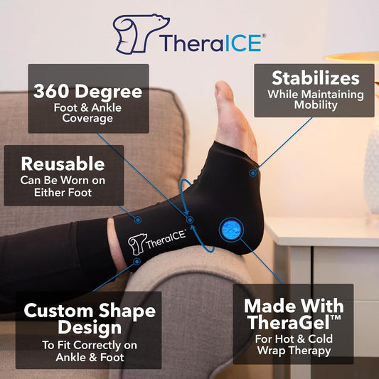TheraICE Ankle Ice Pack Wrap, Achilles Tendonitis Brace, Plantar Fasciitis | Cold Therapy Compression Sleeve, Sock-Style Slip-On Fit for Women and Men, Eases Sprains, Swelling, Sore Feet and Heel