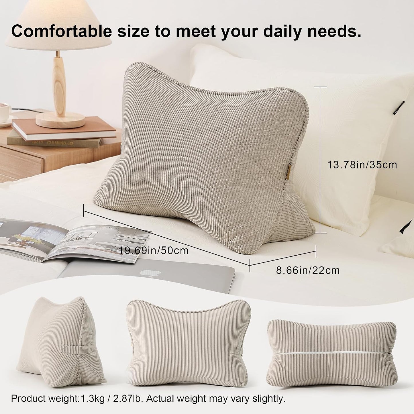 Pat. Pend. Corduroy Lumbar Support Back Pillow for Watching TV, Reading & Gaming, Ergonomic Triangle Support Cushion for Sofa, Armchair & Bed Sitting, Removable Washable Cover, Beige Gray