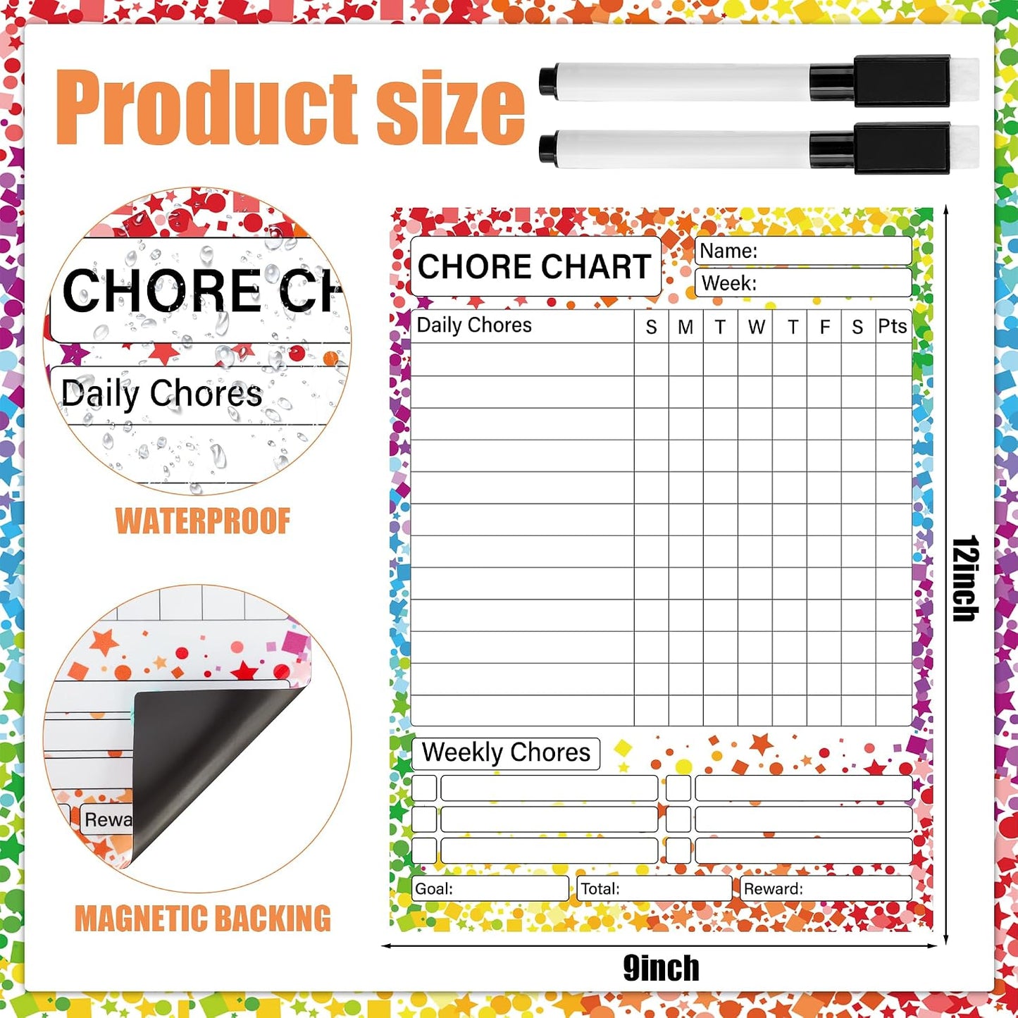 2 Pack Magnetic Chore Chart for Kids 12" x 9" Confetti Dry Erase Reward Chore Charts Weekly Behavior Responsibility Chores Board for Teens Adults Fridge Family Task Organization Home Rewards