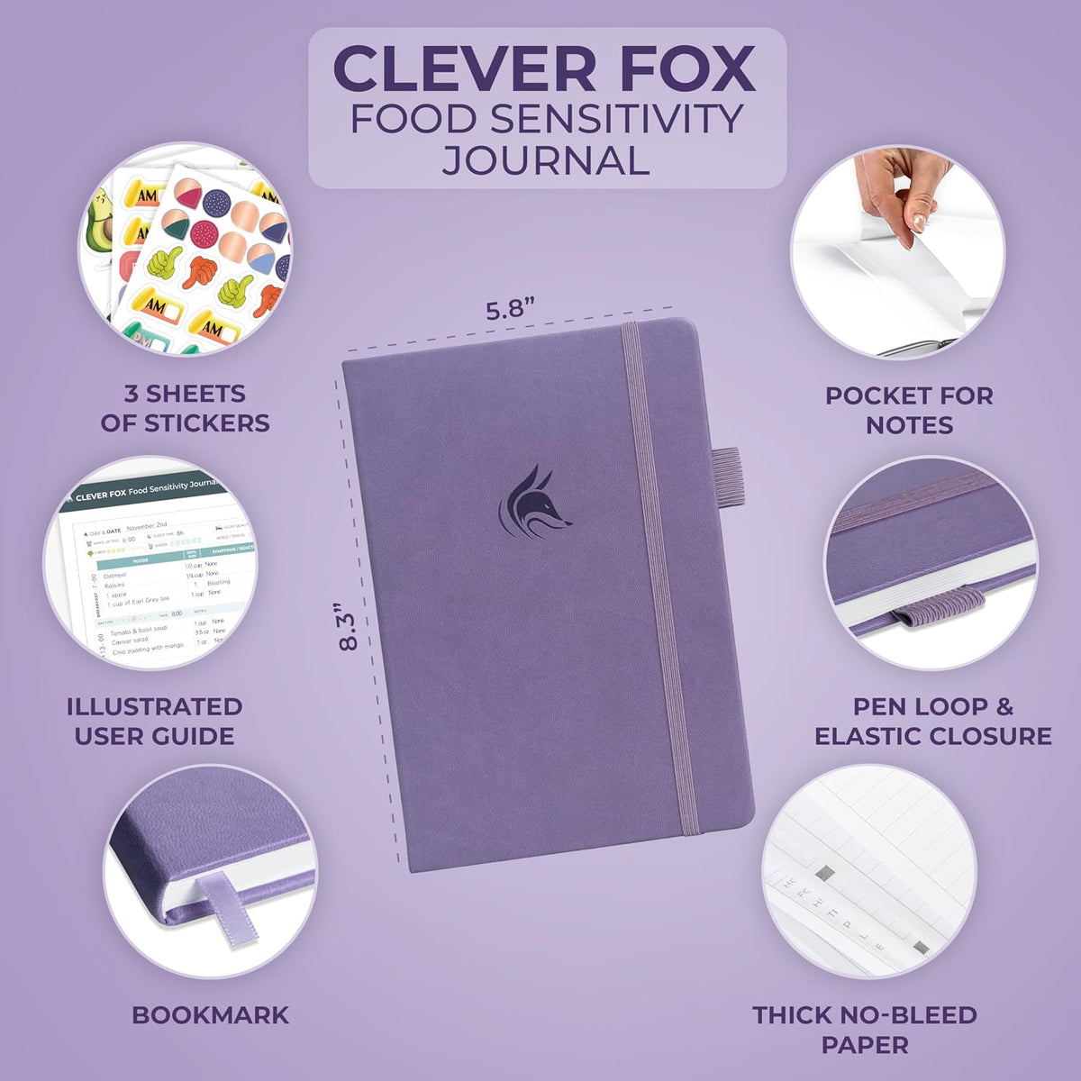 Clever Fox Food Sensitivity Journal & Symptom Diary, 8.5x11 Purple