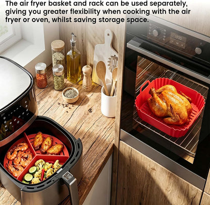 2 Pack Square Silicone Air Fryer Liners, With Round Divider Split for 3 Flavors, Reusable Silicone Basket, Air Fryer Accessories, 1 Pack Red + 1 Pack Black