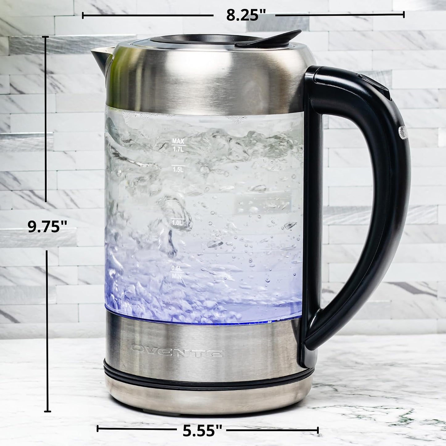 OVENTE 1.8L Glass Electric Kettle Water Boiler, Silver KG751S | 1500W Fast Boiling, Easy Fill Lid, Borosilicate Glass, BPA-Free, Blue LED, Auto Shut-Off, Boil-Dry Protection, Cordless