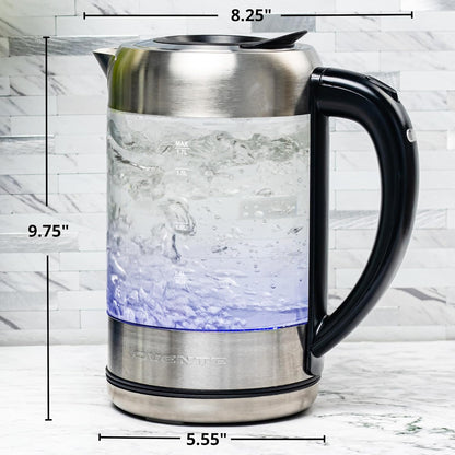 OVENTE 1.7L Double Wall Glass Electric Kettle Water Boiler, Silver KG912S | 1500W Fast Boiling, Easy Fill Lid, Borosilicate Glass, Cool-Touch Design, Blue LED, Auto Shut-Off, Boil-Dry Protection